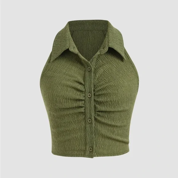 Cider Solid Texture Collar Crop Top in Green - Picture 1 of 8
